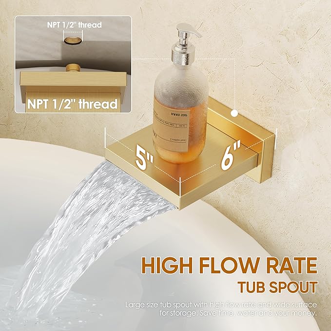 Gold Shower System with Tub Spout, All Metal Tub Shower Faucet Set with 10" Rain Shower Head and Handheld Spray combo, Wall Mounted Tub Shower Systems with Valve and Trim Kit, Brushed Gold