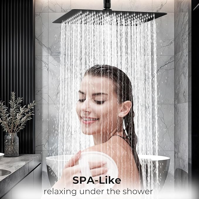 Rain Shower Head, 10 Inches Large Rainfall Shower Head, 304 Stainless Steel Made, Ceiling or Wall Mount, High Pressure Flow, Ultra Thin, Matte Black