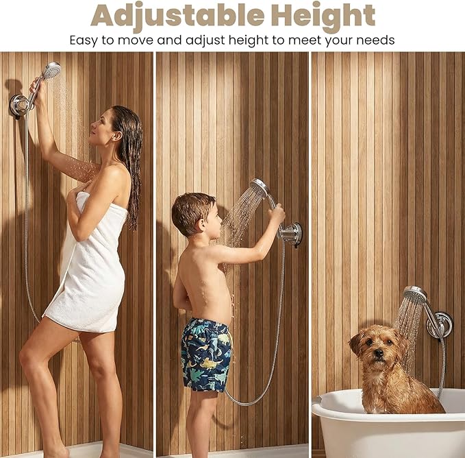 Shower Head Holder, No Drill Wall Mount Handheld Shower Wand Hose Holders Universal 360° Adjustable Removable Showers Head Holder Suction for Bathroom, Chrome Finish