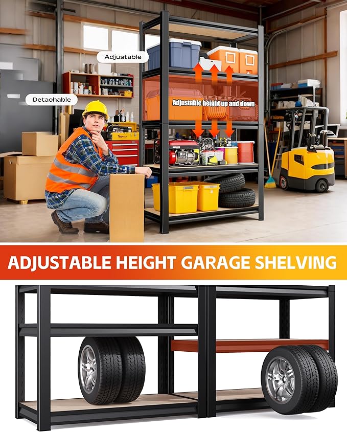 Set of 2 Heavy Duty Garage Shelving, 5-Tier Storage Shelves, 2000LBS Metal Shelf, Adjustable Shelving Unit, for Basement, Kitchen, Warehouse, Pantry, 15.7" Dx35.4 Wx71.2 H, Black