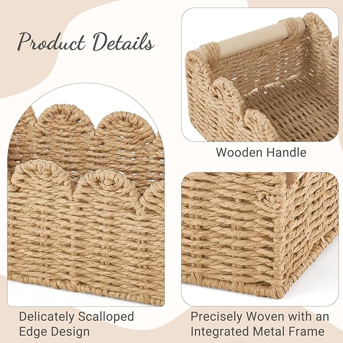 Dahey 2 Pcs Woven Paper Rope Toilet Paper Storage Basket for Over Toilet Storage Shelf Scalloped Edge Toilet Tank Basket with Handles for Organizing, Bathroom Countertop Living Room Bedroom Home Decor