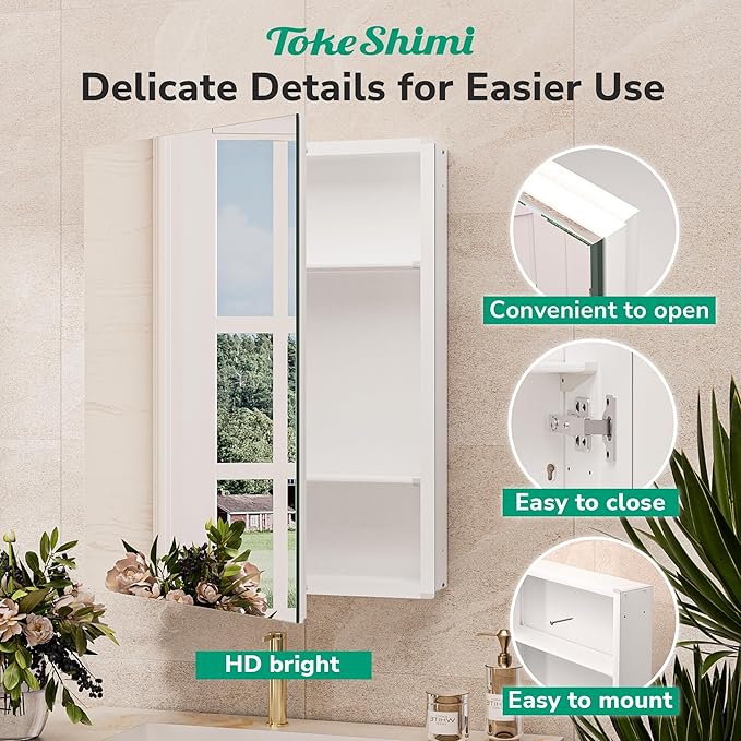 TokeShimi 14x18 Bathroom Medicine Cabinet, Tempered Mirror with Adjustable Storage Frameless White Farmhouse Medicine Cabinet Recessed