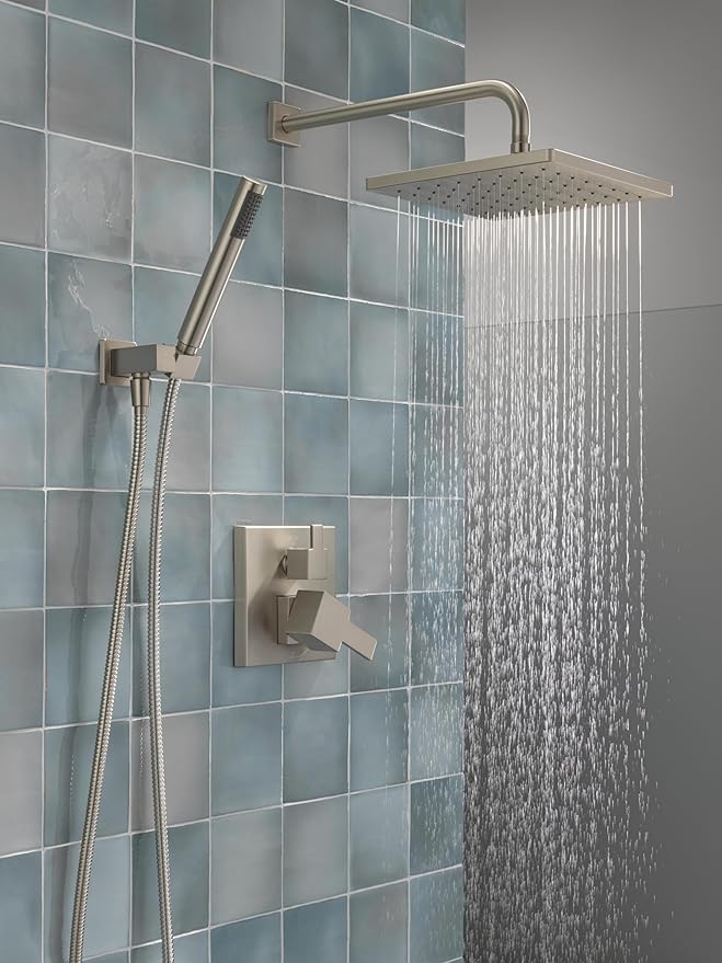 Delta Modern 14 Series Square Rain Shower System Faucet Set, Rainfall Brushed Nickel Shower Head and Handle Set, Valve Trim Kit, 10 Inch, Spotshield Stainless 342701-SP