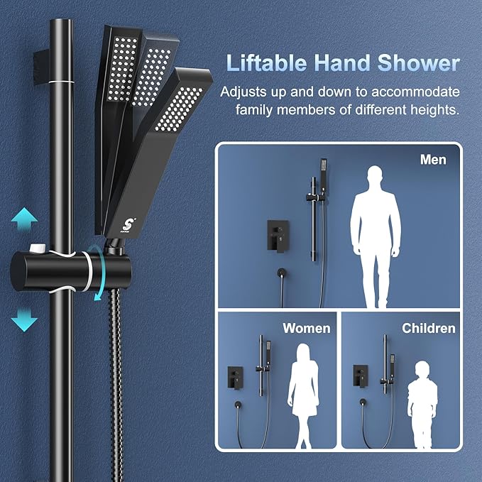 SR SUN RISE 10 Inch Slide Bar Shower Faucet Luxury High Pressure Shower Heads and Handheld Spray Combo Set Wall Mounted Shower System Included Valve and Trim Kit, Matte Black