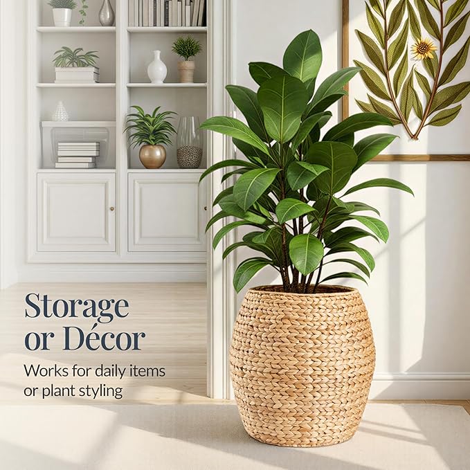 Best Choice Products Scalloped Multipurpose Hyacinth Storage Basket, Plant Décor, Handwoven Organizer Tote for Bedroom, Living Room, Nursey, w/Lid - Natural with White Trim