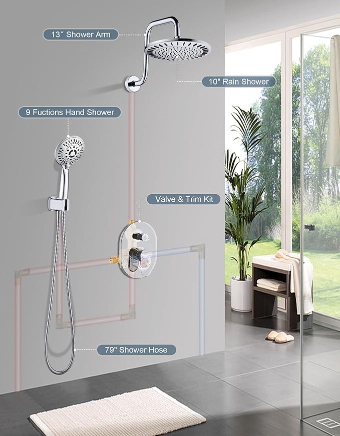 BRIGHT SHOWERS Shower Faucet Set, Shower System with Shower Valve Trim Kit, Double Handle Shower Fixture Rainfall Shower Head and 9-Setting Handheld Spray Combo, Valve Included, Chrome