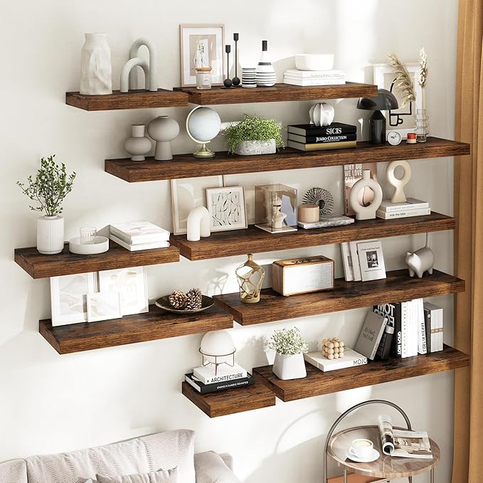 12 Inch Square Floating Shelves for Wall 2 Pack, 12"D Wood Grain Bathroom Shelves with Invisible Brackets, Easy Install Engineered Wood Storage Shelves for Kitchen, Living Room, Rustic Brown Finish