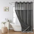 No Hook Extra Long Shower Curtain Set with Snap-in Liner,Linen Textured Thick Striped Fabric with Tassels,Boho Chic Modern Farmhouse Bathroom Curtain,Water-Repellent,Charcoal Grey,71x86