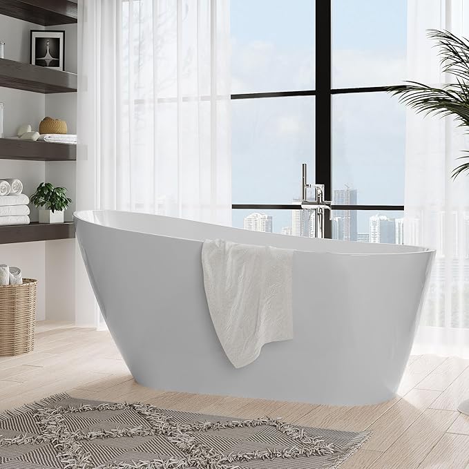 59 in Acrylic Freestanding Bathtub, Contemporary Stand Alone Tub,Glossy White Soaking Tub, with Chrome Overflow and Drain, CUPC Certified