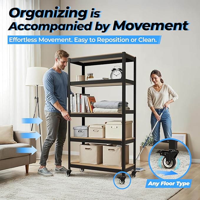 HOMEDANT House 5-Tier Metal Rolling Cart Shelf Rack Casters Heavy Duty Laminated Wheel Shelving Unit Adjustable Utility Storage Shelves Organizer Shelf Kitchen Garage (4, (L) 48.1" W, Black)