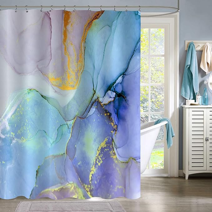 Gibelle Extra Long Shower Curtain 72 x 84, Tall Abstract Marble Fabric Shower Curtain, Blue Purple Jade Texture Gold Stripes Ombre Ink Art Decor Bathroom Curtains Set