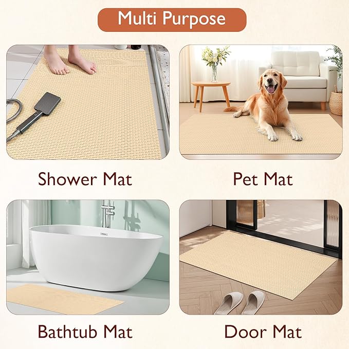 Extra Large Non-Slip Shower Mat, Fast-Dry PVC Bath Stall Tub Mat, Drain-Hole Design for Shower Stall Tub for Elderly/Kids, Non Slip Bath Mat Bathroom Safety Accessory, Khaki 47"x32"