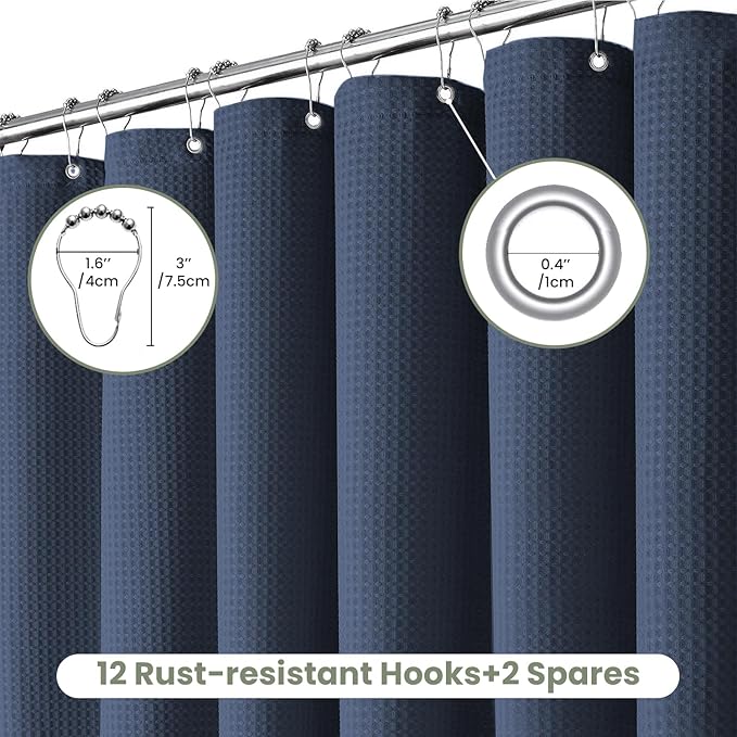 Inhousolu Fabric Shower Curtain Waffle Weave, Navy Blue 230 GSM Heavy Duty, Weighted Hem, 14 Metal Hooks, Water Repellent, Machine Washable, Hotel Spa Luxury Bath Curtain Set, 72 x 72 Inch