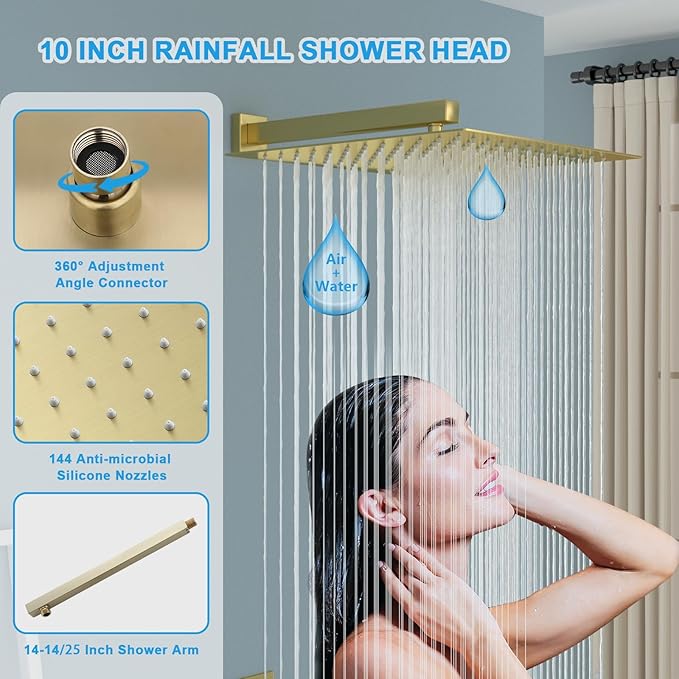 Gold Shower Faucet - Lordear 10 Inch Rain Shower System Wall Mounted Shower Head Faucet Set Stainless Steel Showerhead with Handheld Combo and Solid Brass Valve, Brushed Gold Finish