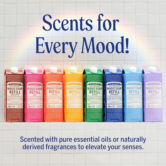Dr. Bronner's Pure-Castile Magic Soap Liquid- Made with Regenerative Organic Certified Oils- For Body, Face, Hair, Dishes, Laundry, Vegan Bath Soaps for Men & Women, Non-GMO - Rose, 32oz + Refill