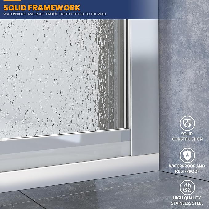 Glass Shower Panel, 32" W x 78" H Semi-Framed Fixed Shower Glass Panel in Silver with 5/16"(8mm) Clear Tempered Glass Door, Simple Shower Door Panel for Bathroom