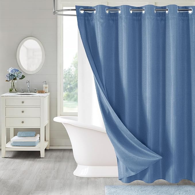 MitoVilla No Hooks Needed Extra Long Shower Curtain Liner Set, Blue 86 inch XL Heavyweight Waffle Fabric Cloth Shower Curtains Set with Snap-in Liner for Modern Luxury Hotel & Spa Bathroom Decor