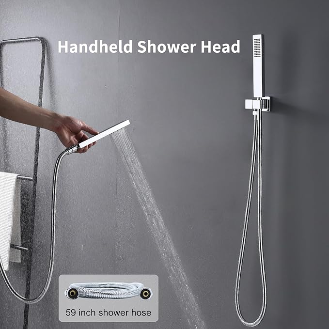 Thermostatic Shower System Chrome Shower Faucet Set, Four Modes Shower Faucet with 4 PCS Body Jet, Handheld Spray, 2 Rainfall Shower Head(12+8“)