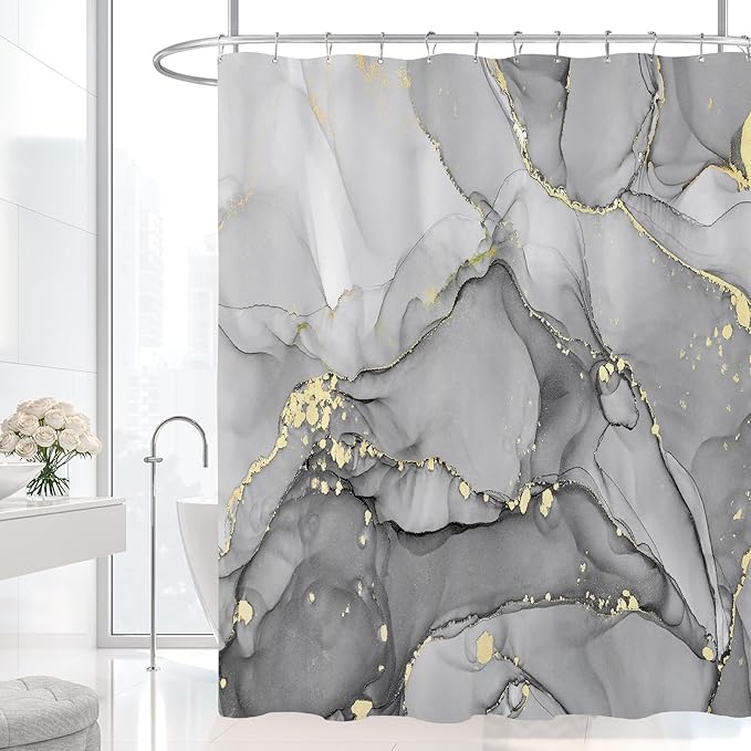 Grey Marble Shower Curtain 60x72, Modern Abstract Fabric Shower Curtains for Bathroom, Luxury Art Ink Texture Watercolor Cloth Shower Curtain Set with Hooks