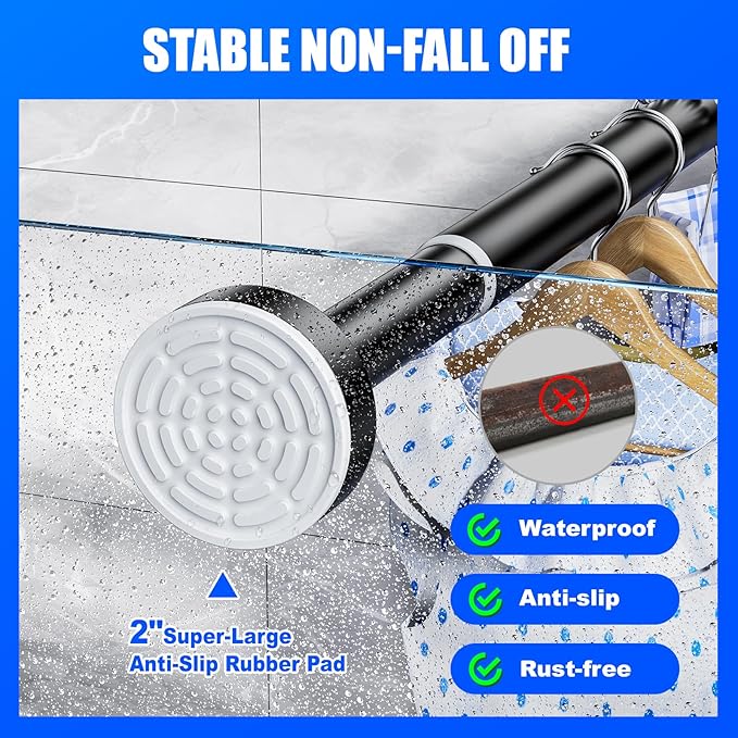 Ausemku Shower Curtain Rod Tension - 26-76 Inch Never Rust Non-Slip Spring Tension Curtain Rod No Drilling Stainless Steel Curtain Rod Use Bathroom Kitchen（Black）
