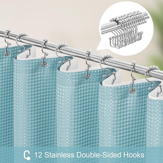 3 in 1 Stall Half Size Shower Curtain Set-36 W x 72 H, Teal Blue Waffle Waterproof Fabric and PEVA Liner Set with Stainless Steel Hooks
