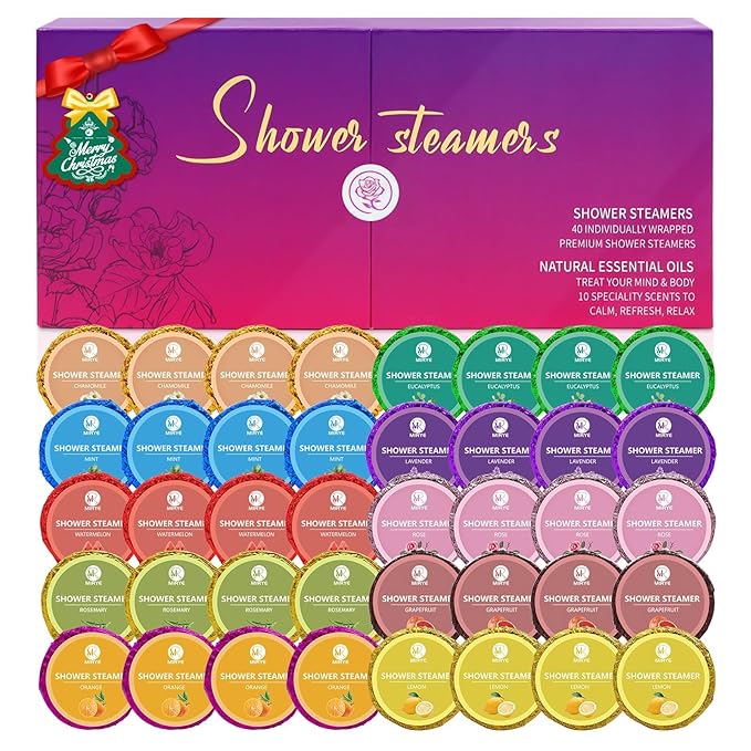 40 PCS Shower Steamers Aromatherapy for Women or Men, 10 Scent Shower Bomb Organic with Natural Essential Oil Relaxation, White Elephant Gifts Birthday Christmas Stocking Stuffers for Her Him