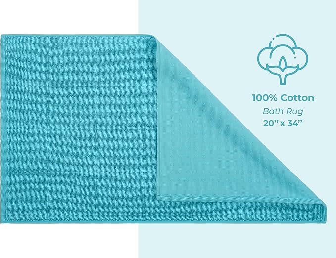 American Soft Linen Bath Rug, 20 in 34 in 100% Cotton Bath Mats Rugs for Bathroom, Slip Reducer Washable Shaggy Form Area Rugs, Turquoise Blue Bath Rug