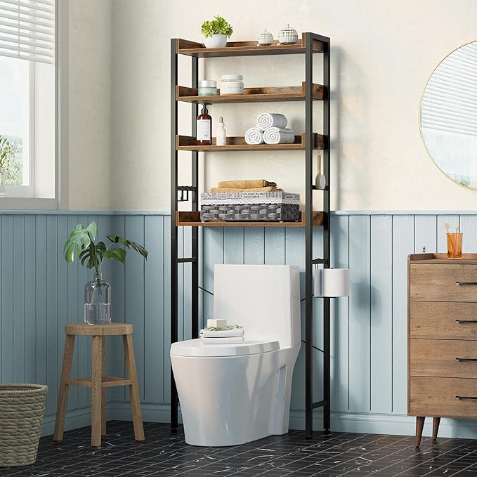 Rolanstar Over The Toilet Storage Rack, 3-Tier Bathroom Space Saver with Adjustable Shelves, Bathroom Organizer for Bathroom, Washroom, Rustic Brown