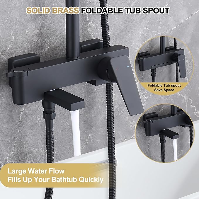 Shower Systems with 12 x8 Inches Rain Shower Head, Matte Black Exposed Pipe Shower System,3 Functions Tub Shower Faucet Sets,Overhead Shower System with Handheld