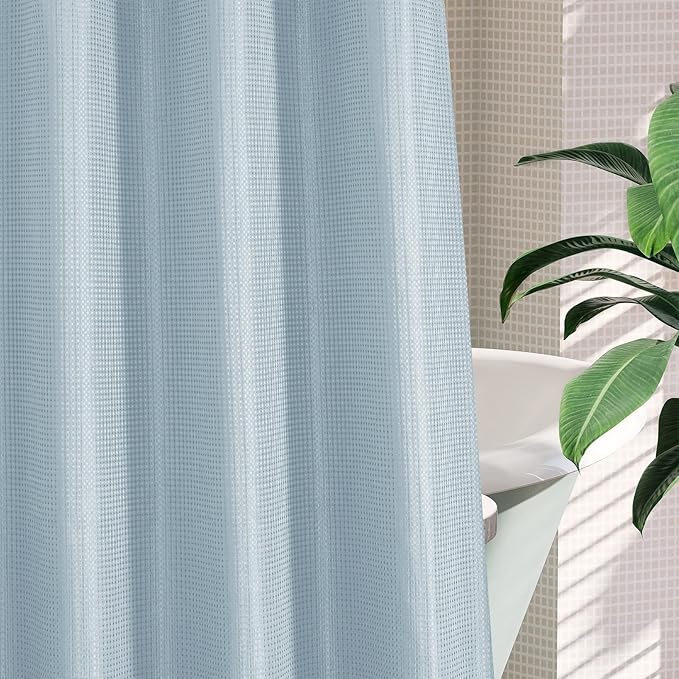 MitoVilla Blue Waffle Small Stall Shower Curtain Liner Set 36 x 74, No Hooks Required Half Size Narrow Fabric Cloth Shower Curtain Set with Snap-in Liner for Modern Bathroom Decor, Fog Blue
