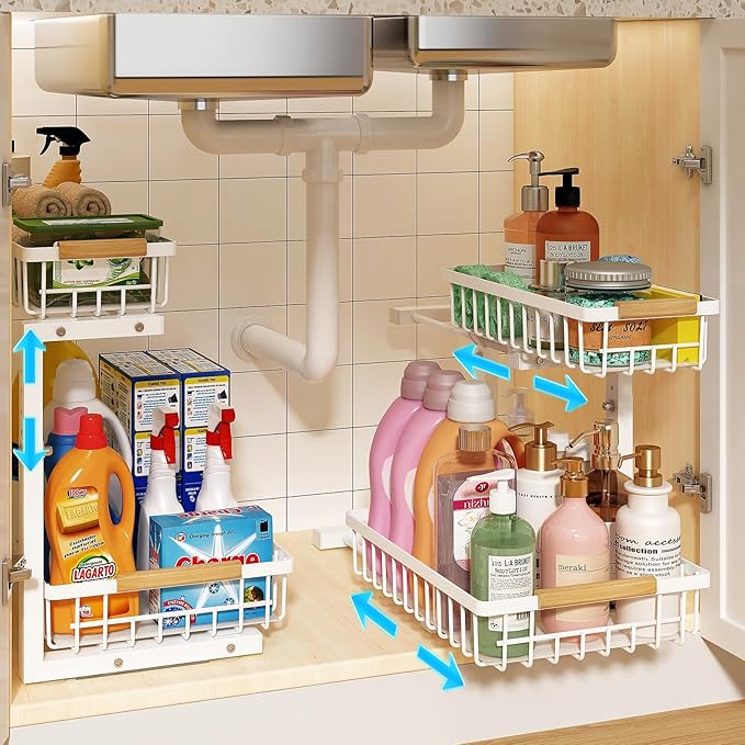 REALINN Under Sink Organizer, Height Adjustable Under Sink Organizers and Storage, 2 Tier Pull Out Drawer Cabinet Storage for Kitchen Bathroom, 2 Pack, White