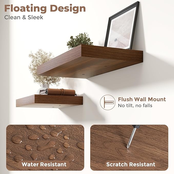 30 Inch Floating Shelves for Wall Set of 2, 12"D Wood Grain Bathroom Shelves with Invisible Brackets, Easy Install Engineered Wood Storage Shelves for Kitchen, Living Room, Bedroom, Walnut Finish
