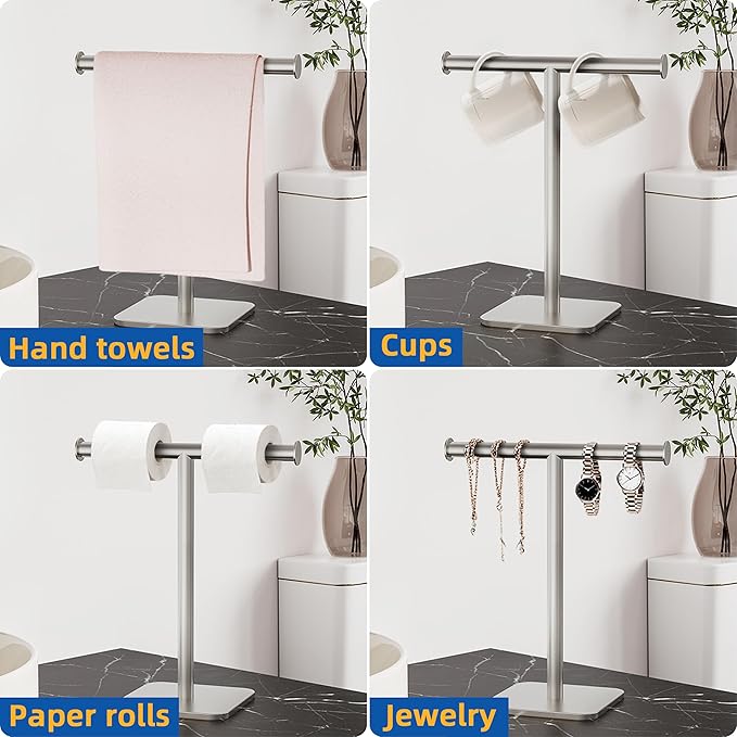 RUACQ T-Shape Hand Towel Holder Stand, Weighted Base Towel Rack, 12" Countertop Towel Holder for Bathroom, 304 Stainless Steel, Heavy Duty (Brushed Nickel, 2 Pack)