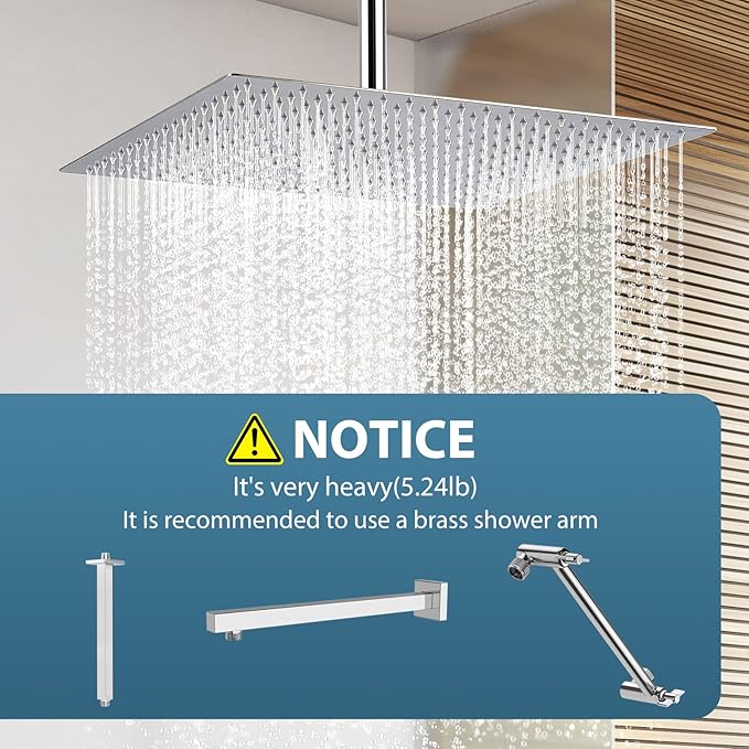 16inch Rainfall Shower Head, Ultra Thin 304 Stainless Steel High Flow Square Rainfall Showerhead, Waterfall Full Body Coverage, Universal Ceiling or Wall Mount, Chrome