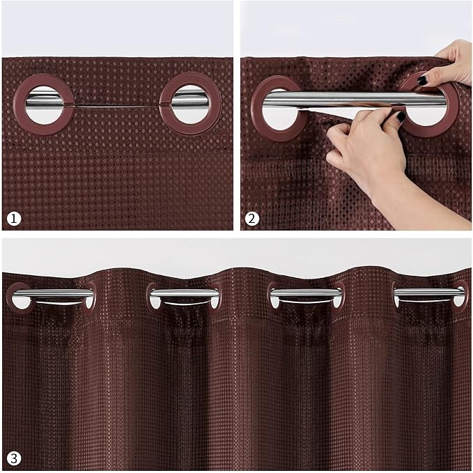 MitoVilla No Hooks Need Brown Waffle Shower Curtain Liner Set, Modern Waffle Weave Fabric Shower Curtains Set with Snap-in Liner for Luxury Hotel Grade Spa-Like Bathroom Decor, Dark Brown, 72 x 74