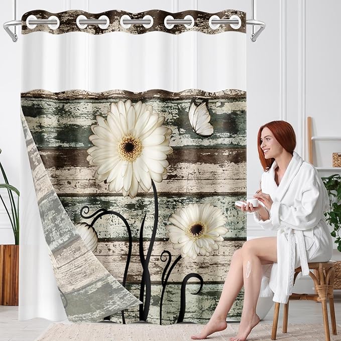 No Hook Vintage Flower Shower Curtain with Snap in Fabric Liner Set, Daisy Wooden Boards Double Layers Waterproof Fabric with See Through Top Window Open Grommet Bath Curtain 71x86 Inch