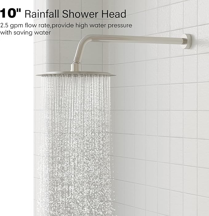 Gabrylly Shower System Brushed Nickel, Slide Bar Shower Faucet Set with High Pressure 10" Rain Head and 5-Setting Handheld Spray, 2 Way Pressure Balance Valve Trim Kit