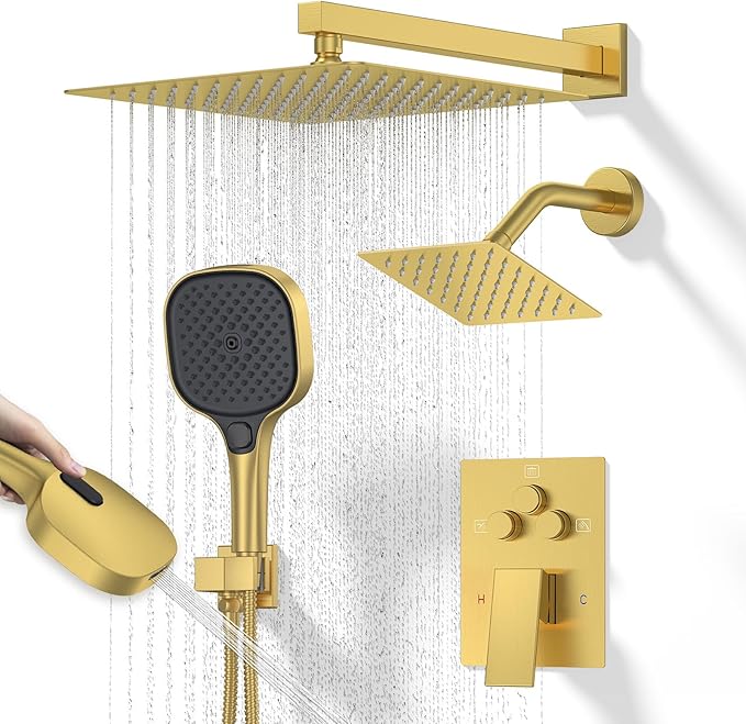 Shower Faucet Set Brushed Gold Shower System, Push Button Diverter 3-Way Shower Valve Kit, Wall Mount 12 Inch Overhead Shower Head with 6 Inch Side Spray Shower Head, 4 Modes Flow Handheld Shower