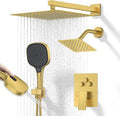 Shower Faucet Set Brushed Gold Shower System, Push Button Diverter 3-Way Shower Valve Kit, Wall Mount 12 Inch Overhead Shower Head with 6 Inch Side Spray Shower Head, 4 Modes Flow Handheld Shower