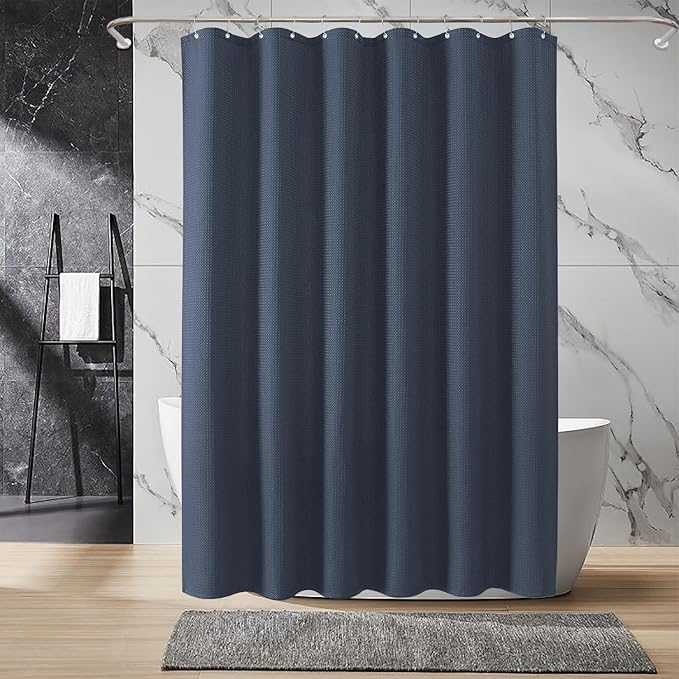 Inhousolu Fabric Shower Curtain Waffle Weave, Navy Blue 230 GSM Heavy Duty, Weighted Hem, 8 Metal Hooks, Water Repellent, Machine Washable, Hotel Spa Luxury Bath Curtain Set, 36 x 72 Inch
