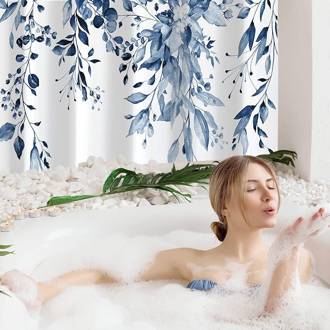 Gibelle Navy Blue Eucalyptus Shower Curtain, Watercolor Plant Leaves with Floral Bathroom Shower Curtain Set, 72x72