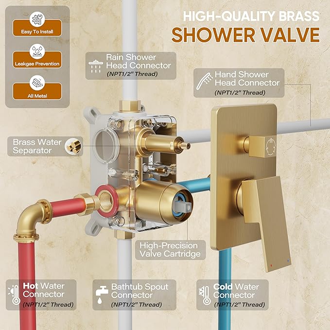 Gold Tub Shower System, All Metal Tub Shower Faucet Set with 12" Rain Shower Head and Handheld Spray combo, Wall Mounted Shower Systems with Tub Spout, Valve and Trim Kit, Brushed Gold