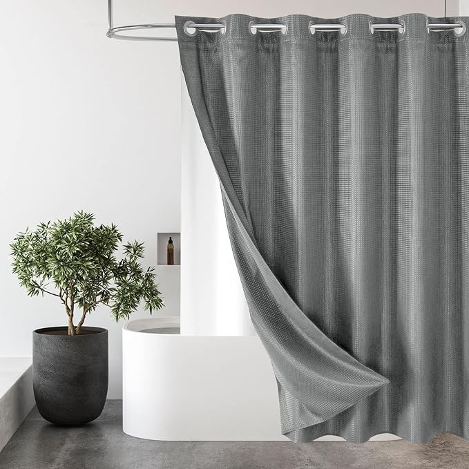 MitoVilla Black Waffle Long Shower Curtain Liner Set 72 x 80, No Hooks Required 80 inch Long Heavyweight Fabric Shower Curtain Set with Snap-in Liner for Hotel Grade Spa-Like Bathroom Decor