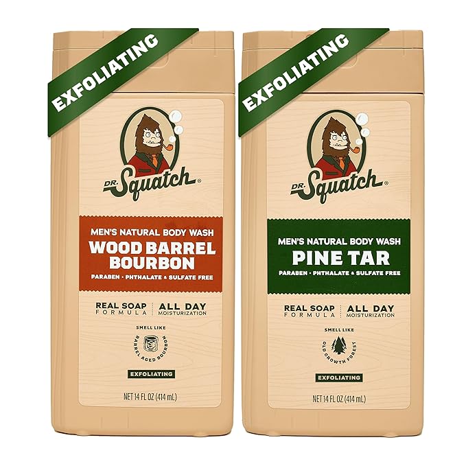 Dr. Squatch NEW Body Wash for Men with Nourishing, Natural Ingredients | No Paraben, Phthalate, Sulfate | All Day Moisture | Long Lasting Scent | Wood Barrel Bourbon & Pine Tar (14 oz, 2-Pack)