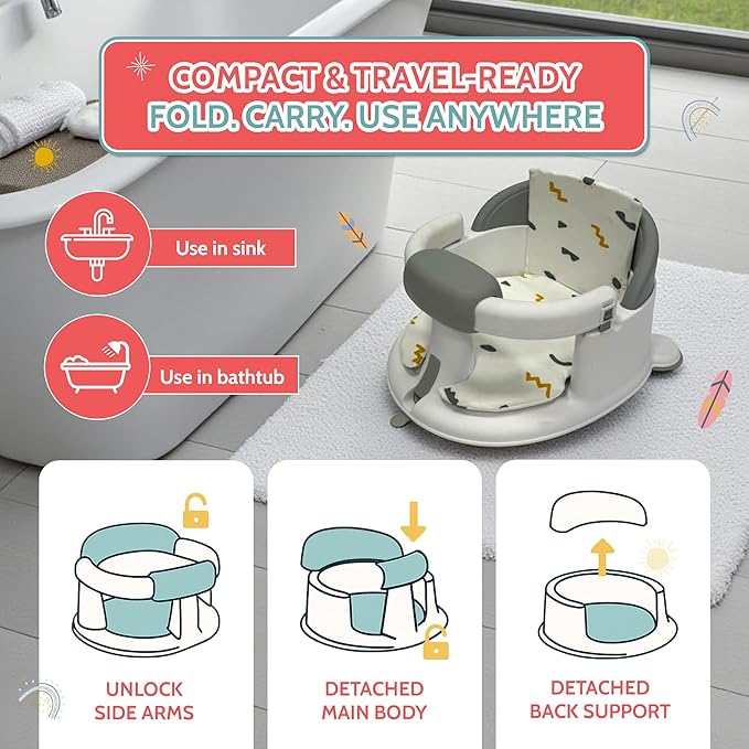 Non-Slip Baby Bath Seats 6-12 Months, Toddler Bathtub Chair with Washable Cusion, Cap Brush & Shower Mug, Infant Chair Comfortable Baby Bath Support for Safe Bathing & Sit Up Bathtub Support