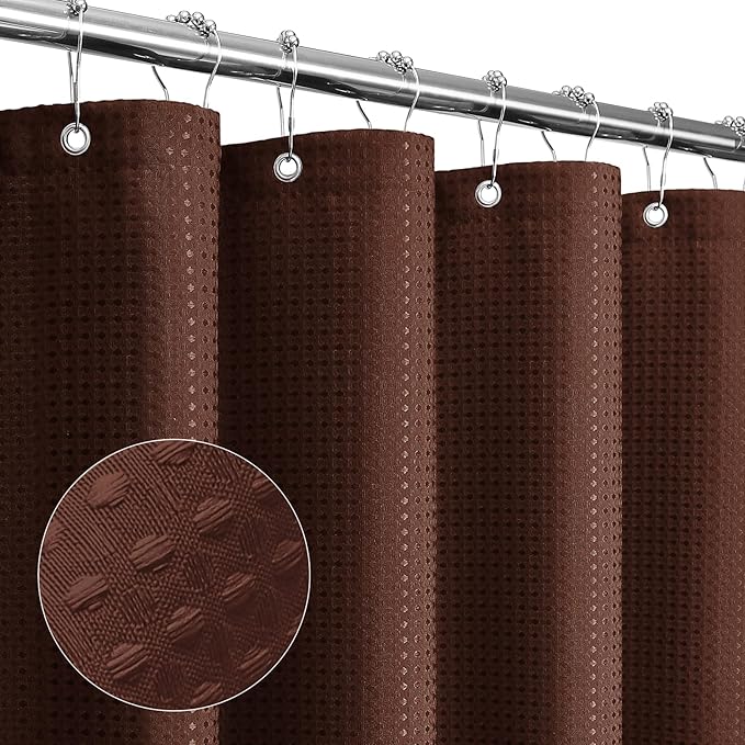 Gibelle Extra Long Shower Curtain 72 x 84, Tall Waffle Weave Textured Fabric Shower Curtain for Bathroom, Water Repellent, Machine Washable, Brown