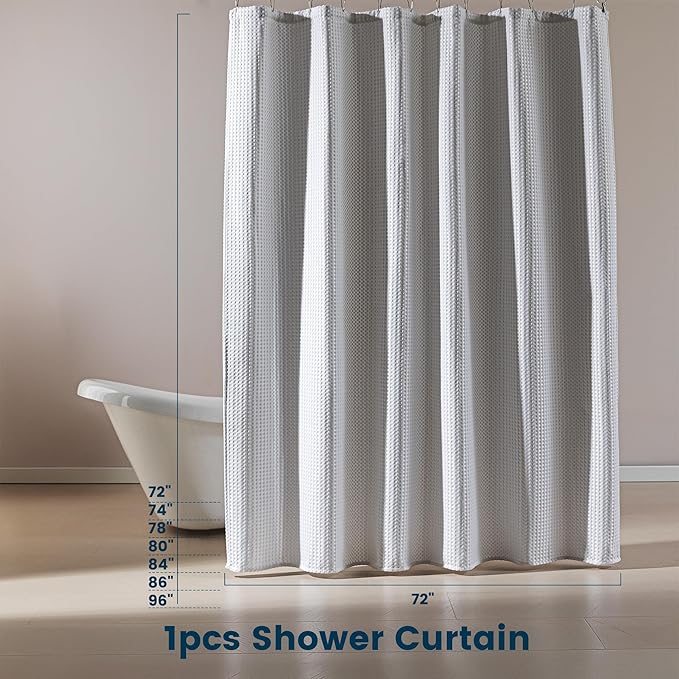 SLEEP ZONE Shower Curtain Liner, Waffle Shower Curtains for Bathroom, Heavy Duty Thick Fabric Shower Curtains - 285GSM Luxury Weighted Polyester Bath Curtain, 72" W x 84" L (White)