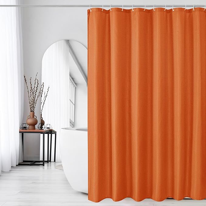 Gibelle Extra Long Shower Curtain 72 x 84, Tall Waffle Weave Textured Fabric Shower Curtain for Bathroom, Water Repellent, Machine Washable, Burnt Orange