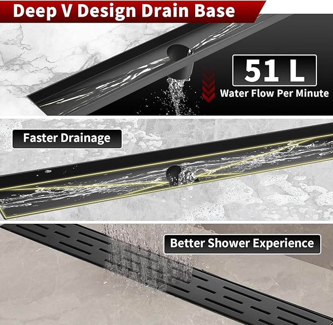 Sharp-tec Linear Shower Drain, 28 inch Shower Drain with Removable Pattern Cover, Matte Black 304 Stainless Steel Rectangle Floor Drain, Adjustable Feet and Hair Strainer Included (Model 101)