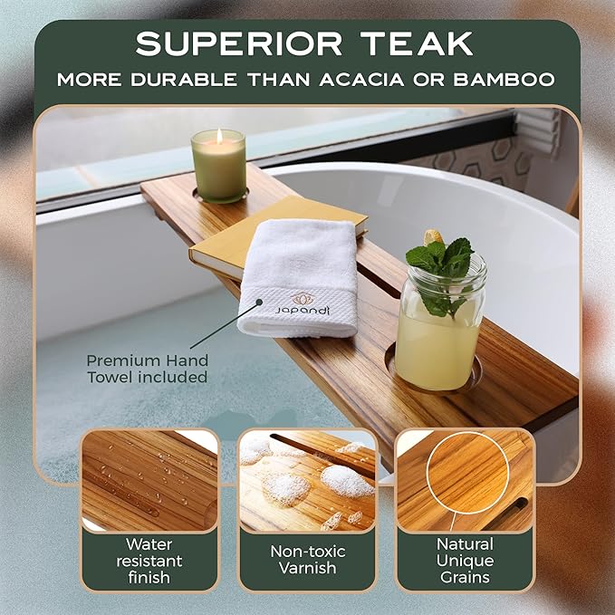 Fjord | Superior Teak Bathtub Tray Wood 29" for Small Tubs | Adjustable Wooden Bathtub Caddy | Sustainable Minimalist Bath Table Tray for Home Spa | by JapandiSpirit